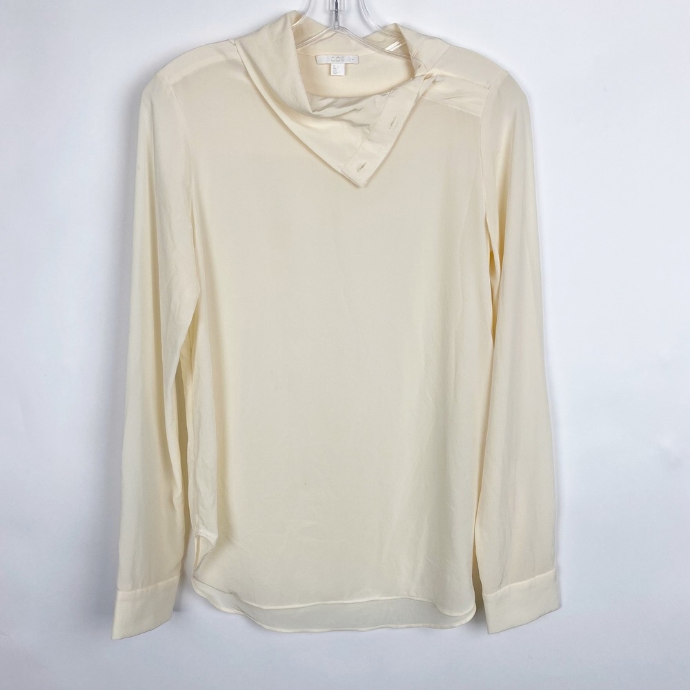 COS Asymmetrical Draped Neck 100% Silk Blouse Womens 2 Ivory Cream Long Sleeve